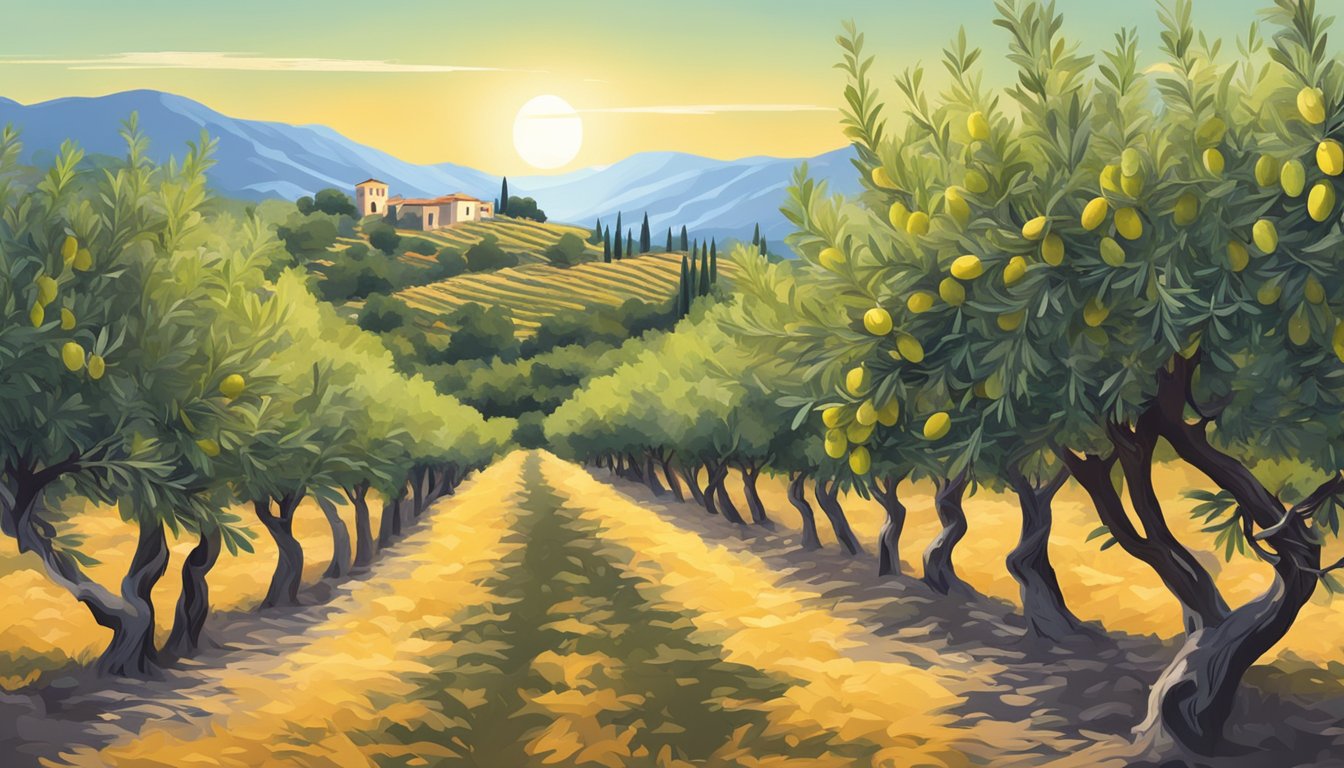 A lush olive grove with ripe, plump olives ready for harvest under the Mediterranean sun