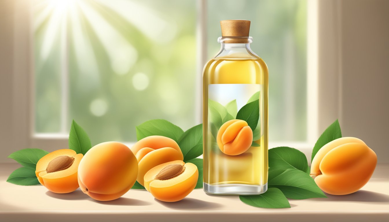 A clear glass bottle of cold pressed apricot kernel oil surrounded by ripe apricots and green leaves, with a soft, natural light illuminating the scene