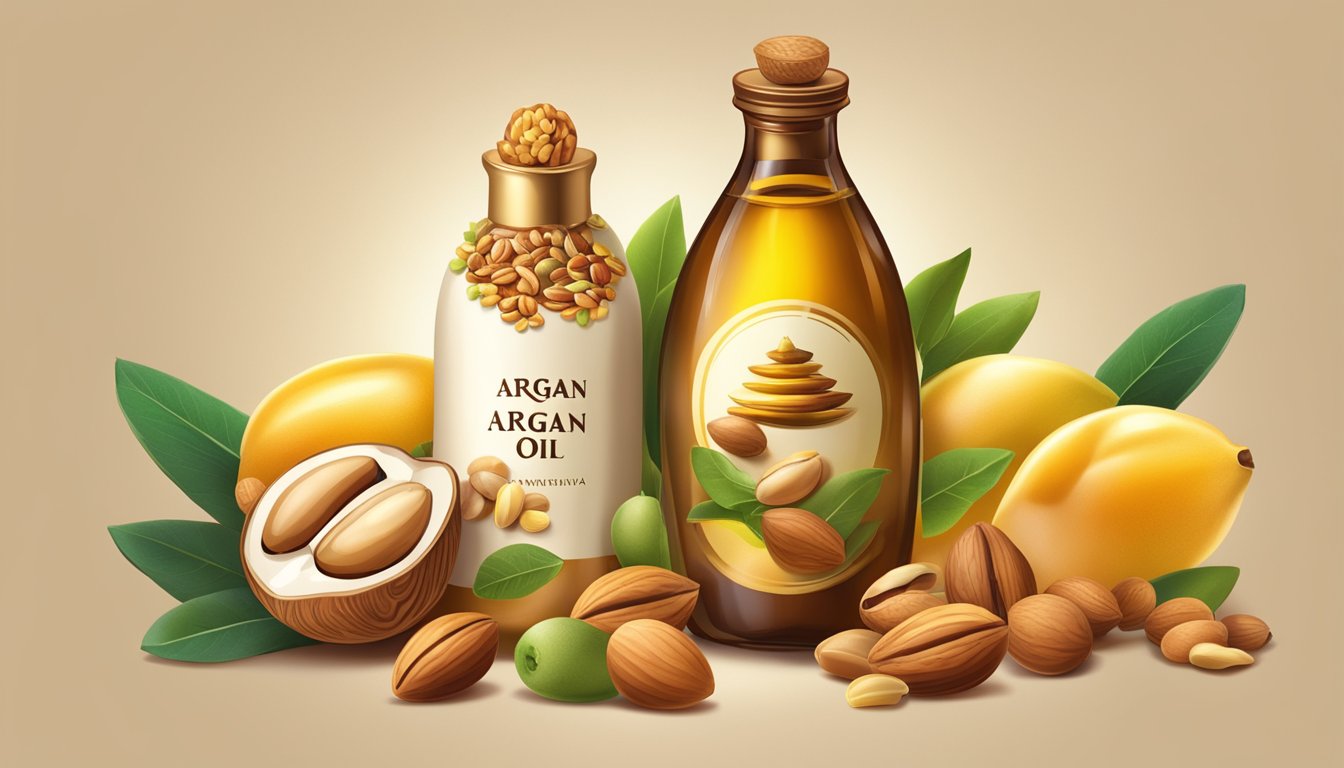 A bottle of argan oil surrounded by various fruits and nuts, with a spotlight shining on it to emphasize its richness in Vitamin E