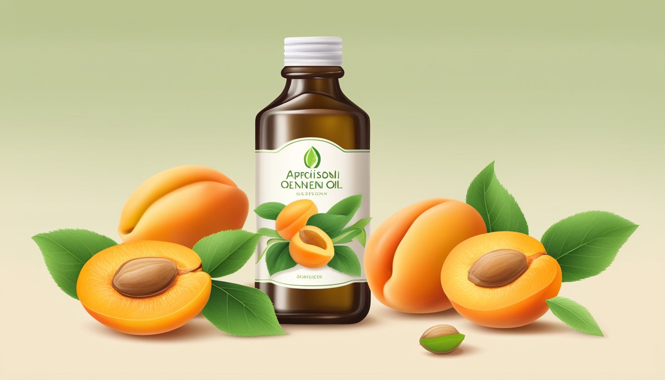 A bottle of cold pressed apricot kernel oil surrounded by ripe apricots and a branch with green leaves