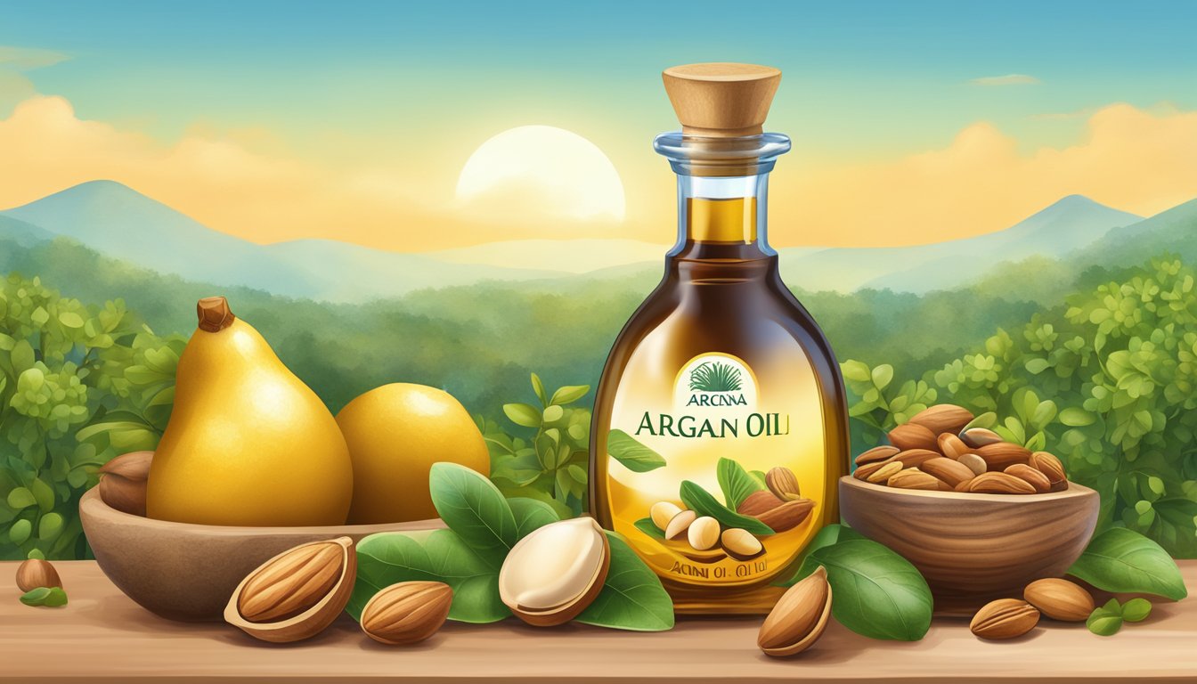 A bottle of argan oil surrounded by various fruits, nuts, and seeds, with a background of lush greenery and a clear blue sky