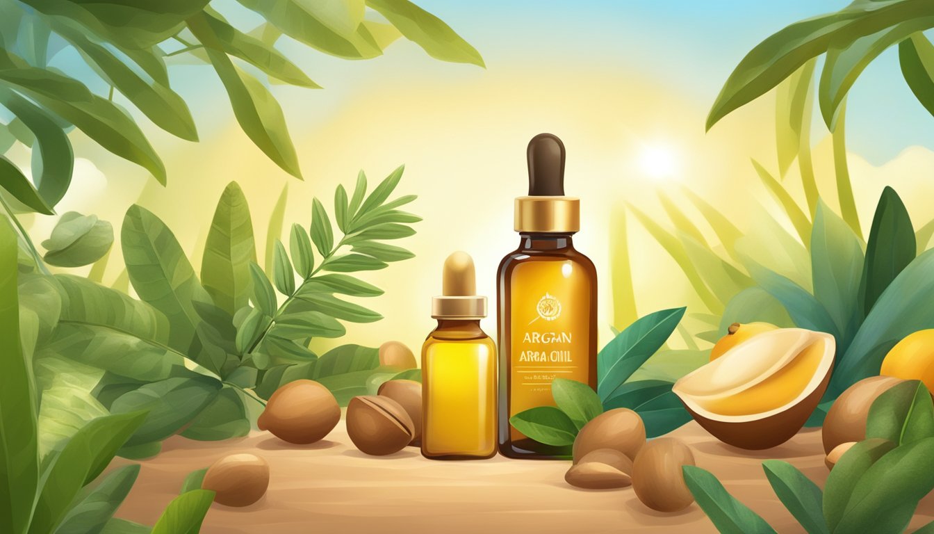 A bottle of argan oil surrounded by various plants and fruits, with rays of sunlight shining down on it