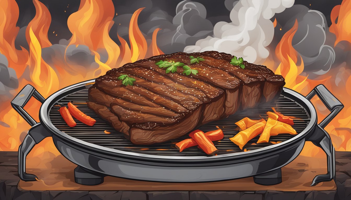 A sizzling brisket sizzling on a hot grill, surrounded by a cloud of spicy smoke, with flames licking at the edges