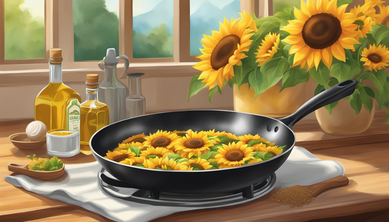 A sizzling skillet with vibrant sunflowers and a bottle of La Tourangelle Organic Sunflower Oil, radiating heat and high-quality cooking