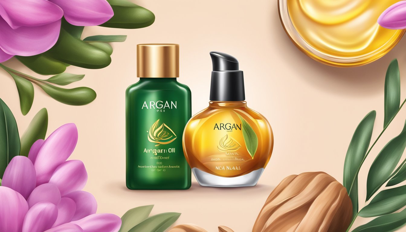 A bottle of argan oil surrounded by vibrant, healthy-looking nails