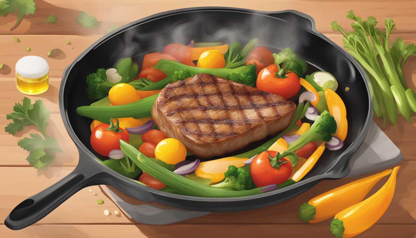 A sizzling skillet with vegetables and meat being cooked in Spectrum Naturals High Heat Sunflower Oil, steam rising from the hot surface