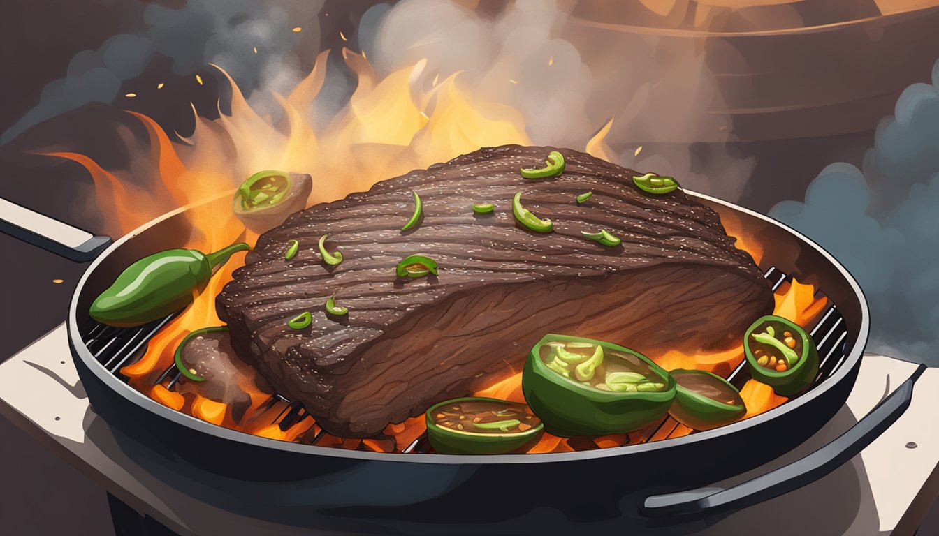 A smoky brisket sizzling on a grill, jalapeños scattered around, and a cloud of spicy aroma rising into the air