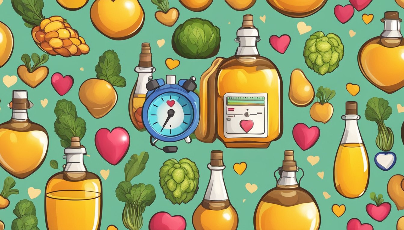 A bottle of argan oil surrounded by heart-shaped fruits and vegetables, with a heart rate monitor in the background