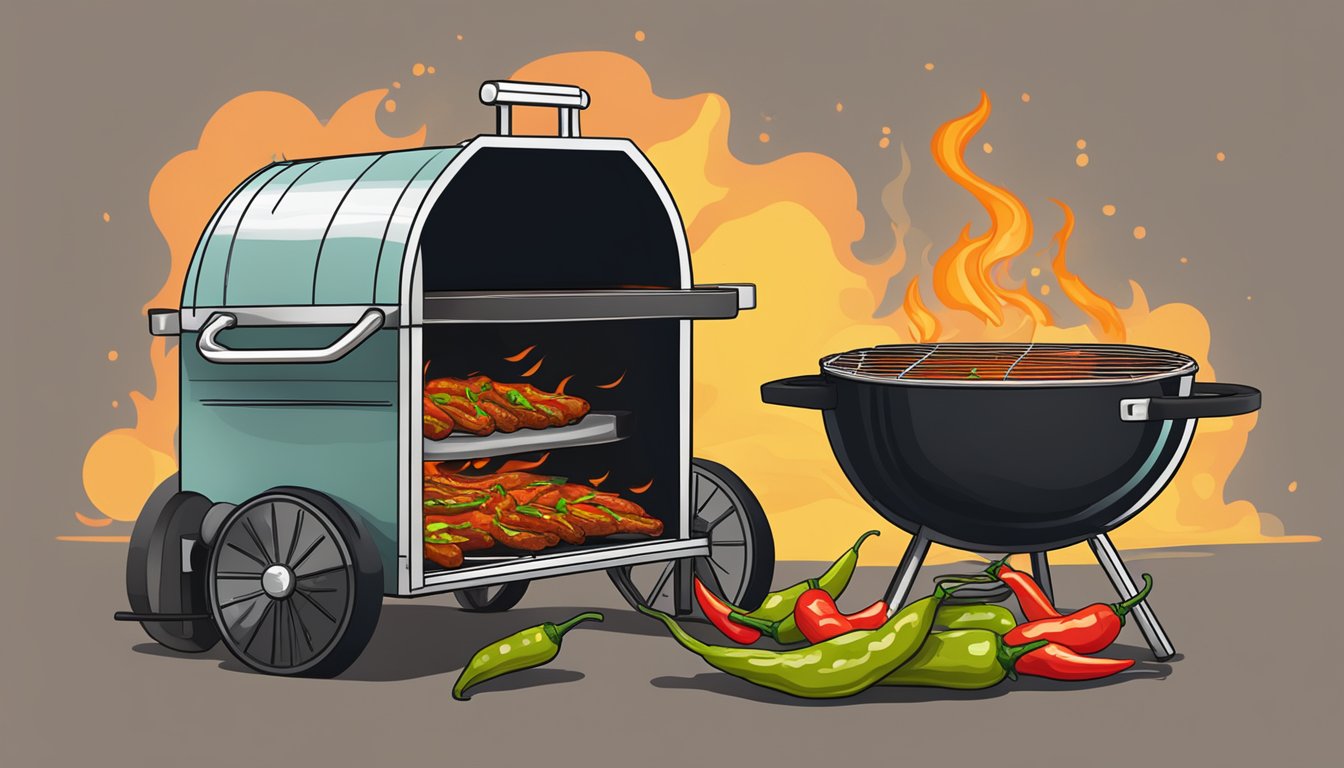 A sizzling brisket covered in fiery hatch chili peppers on a smoking barbecue grill