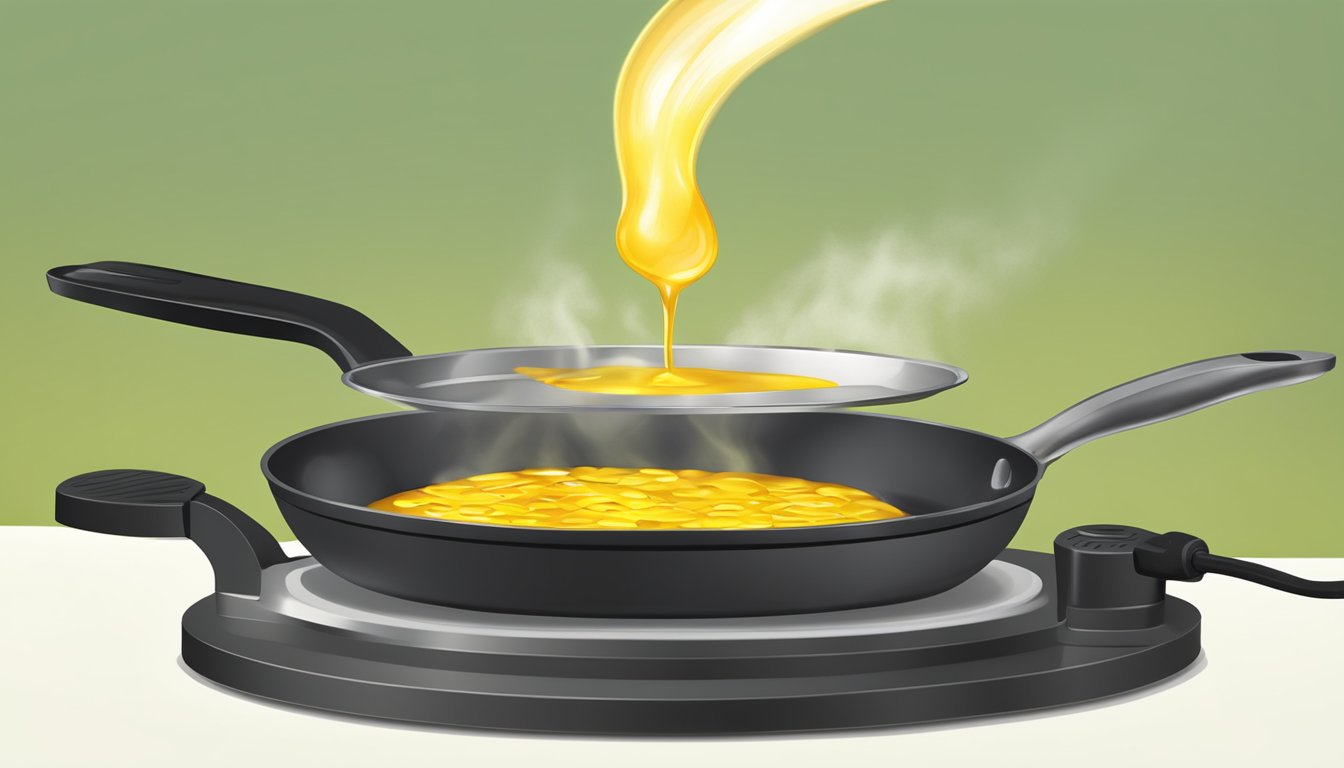 A sizzling skillet with sunflower oil pouring from a bottle, steam rising