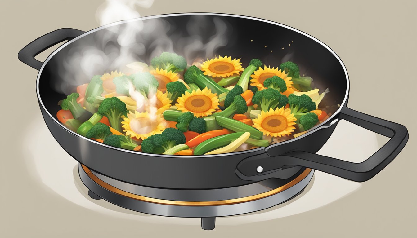 A sizzling skillet with sunflower oil, steam rising, as vegetables are being stir-fried over high heat