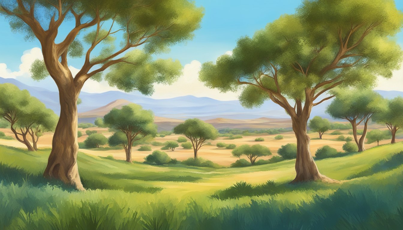 A serene landscape with a field of argan trees, surrounded by vibrant greenery, under a clear blue sky