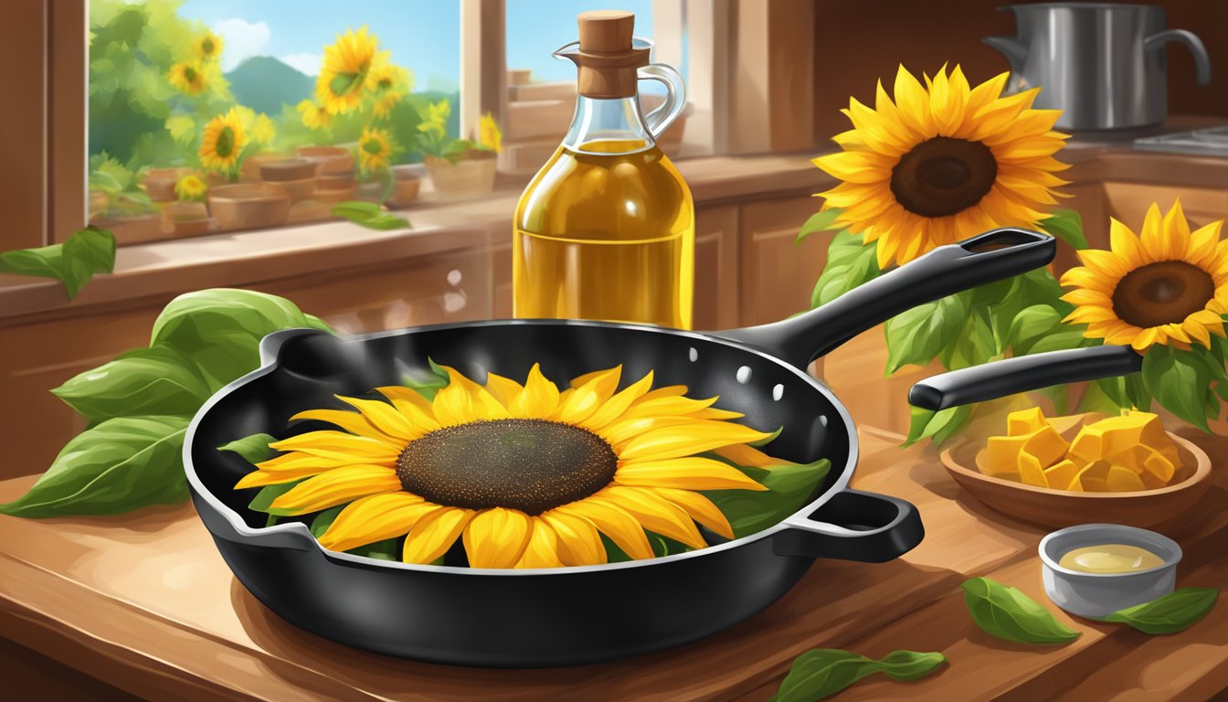 A sizzling skillet with vibrant sunflower oil pouring from a glass bottle, surrounded by fresh sunflowers and a warm, inviting kitchen atmosphere