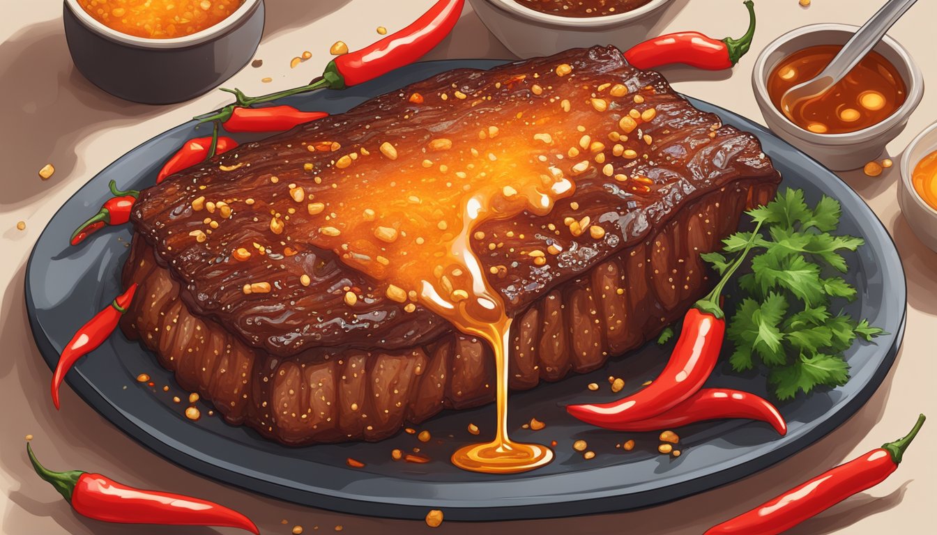 A sizzling brisket covered in honey sriracha sauce, surrounded by fiery red chili peppers and a smoky aroma filling the air