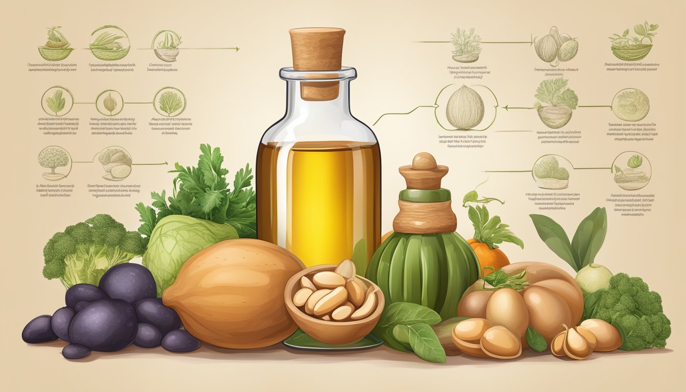 A glass bottle of argan oil surrounded by various fruits and vegetables, with a digestive system diagram in the background