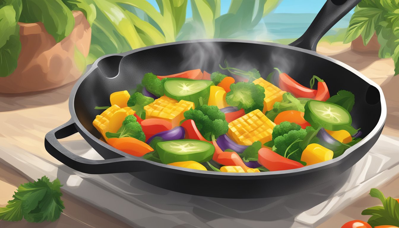 A sizzling skillet with vibrant vegetables cooking in Tropical Sun Cold Pressed Sunflower Oil over high heat