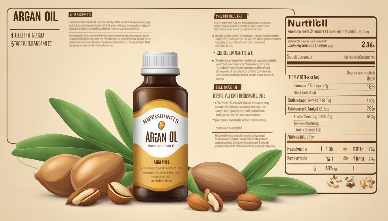 A bottle of argan oil surrounded by various nuts and seeds, with a nutrition label and 10 health benefits listed