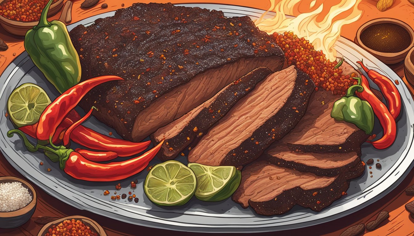 A sizzling brisket surrounded by ghost peppers and Tex Mex spices, emitting a fiery red glow