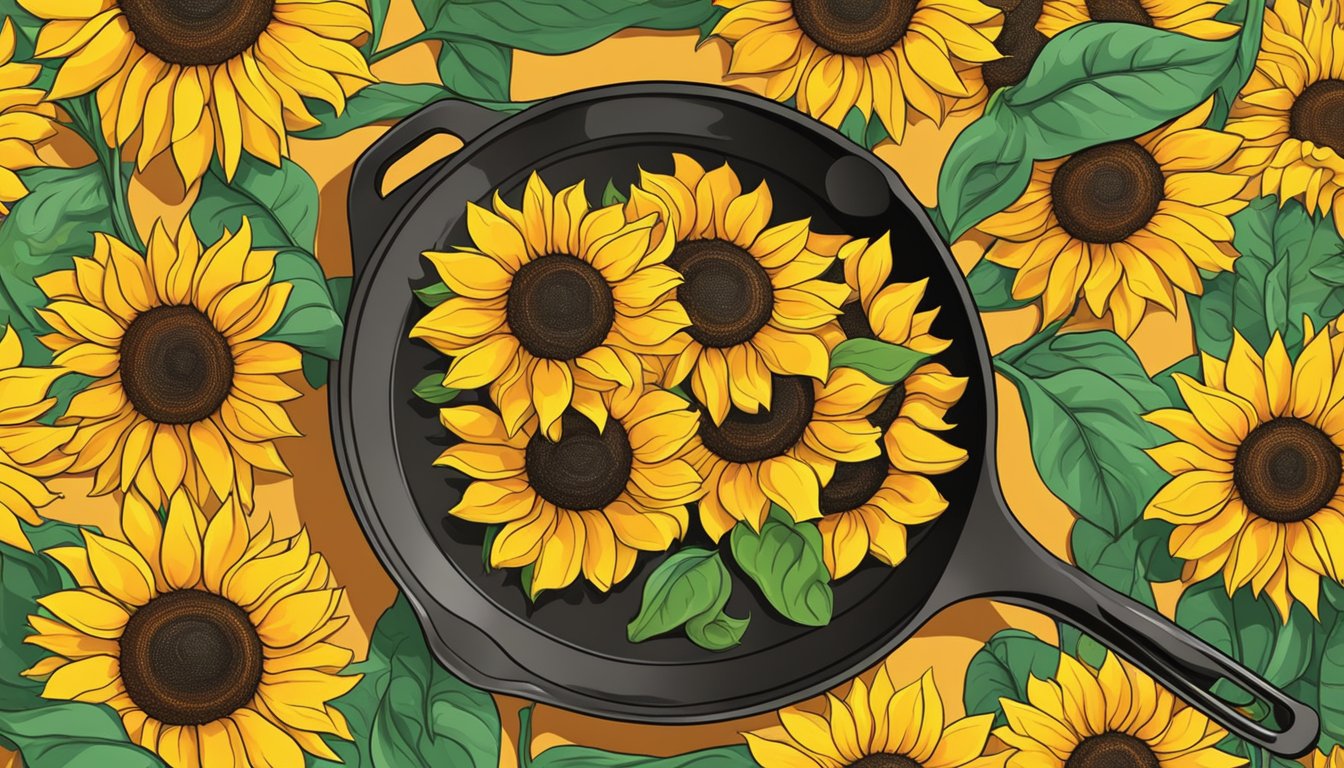 A sizzling skillet with vibrant sunflowers in the background, radiating heat and freshness