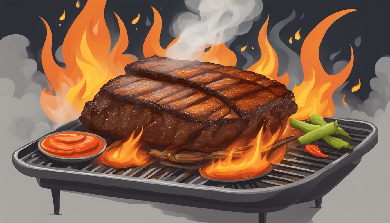 A sizzling brisket covered in fiery habanero sauce, surrounded by smoke and flames on a Texas BBQ pit