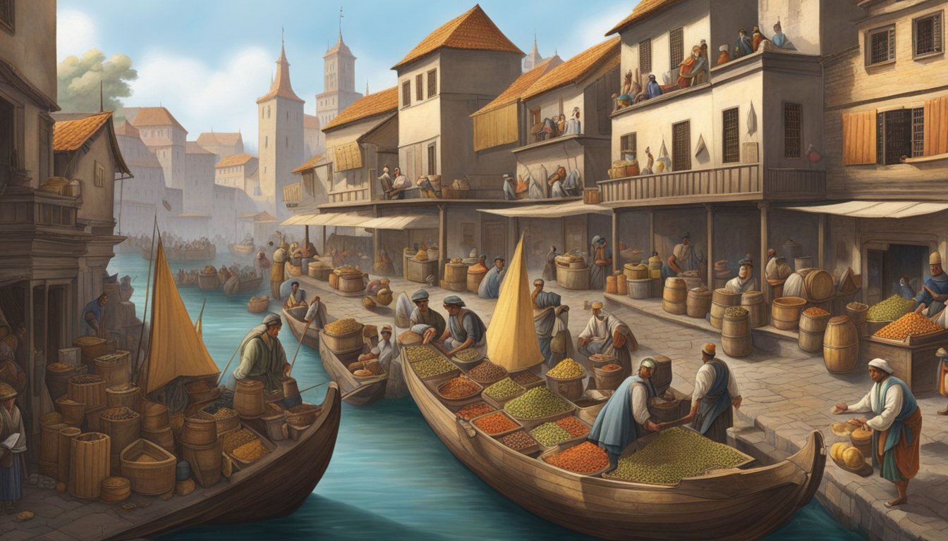 A bustling marketplace in the early modern era, with merchants trading goods from all over the world. Ships unload exotic spices and textiles, while craftsmen innovate sustainable production methods