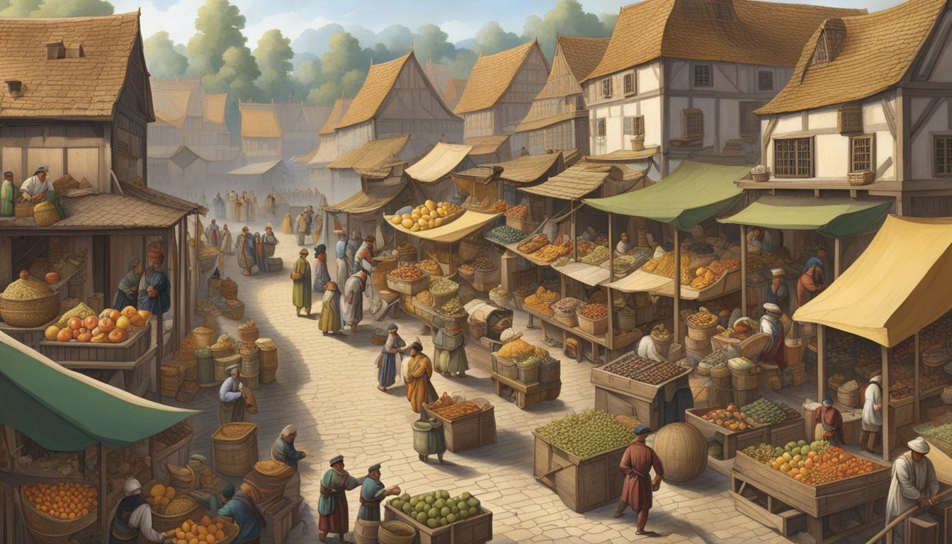 A bustling marketplace in the early modern era, with merchants trading goods from around the world. Ships unload exotic fruits and spices, while craftsmen build sustainable homes and tools