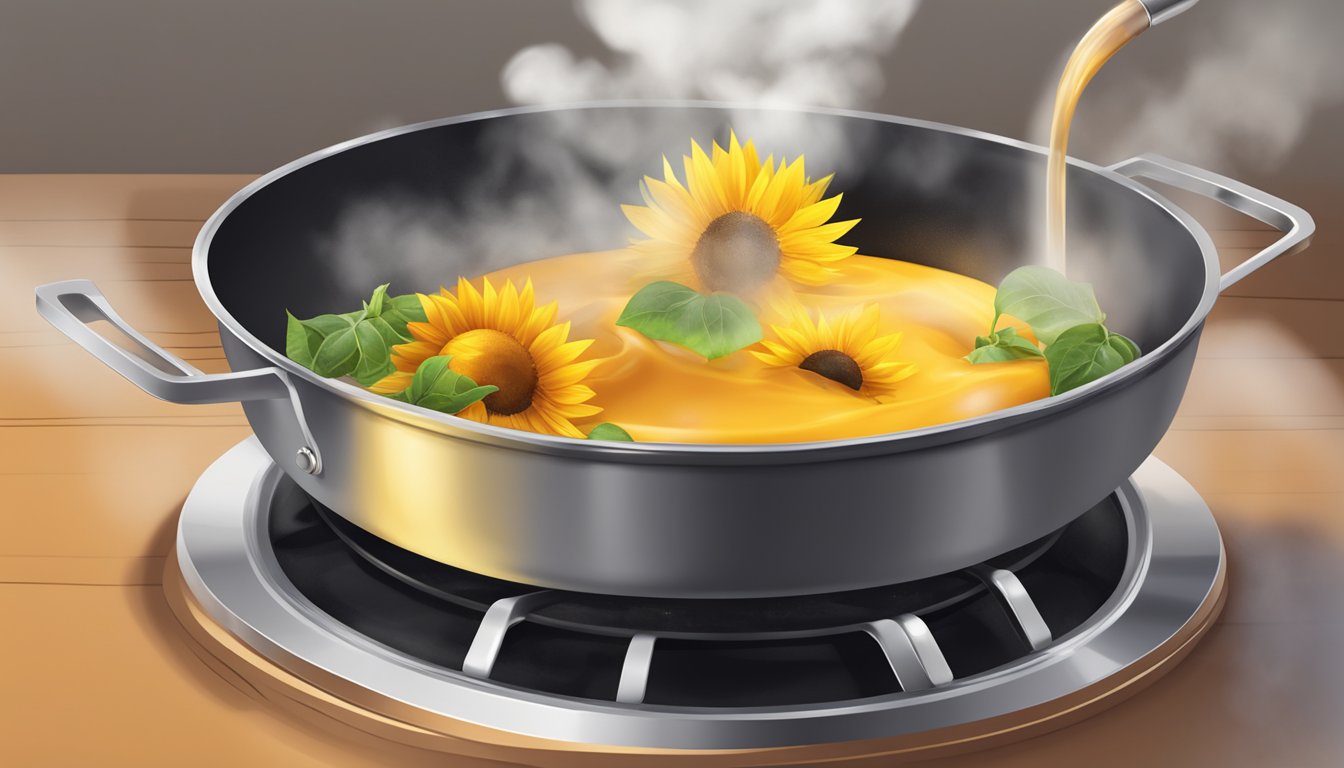 A sizzling pan with sunflower oil being poured onto it, steam rising as it heats up