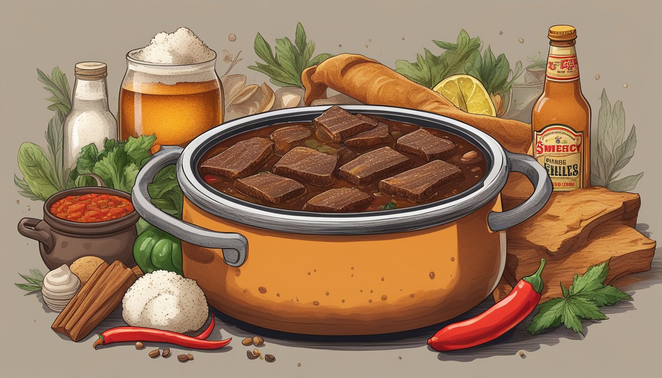 A smoky, spicy brisket simmers in a pot of chili beer, surrounded by Texan spices and ingredients