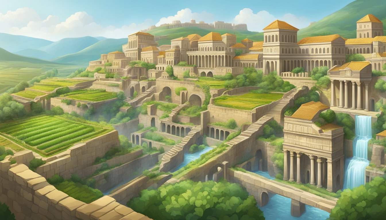 A bustling ancient city with aqueducts, terraced agriculture, and renewable energy sources