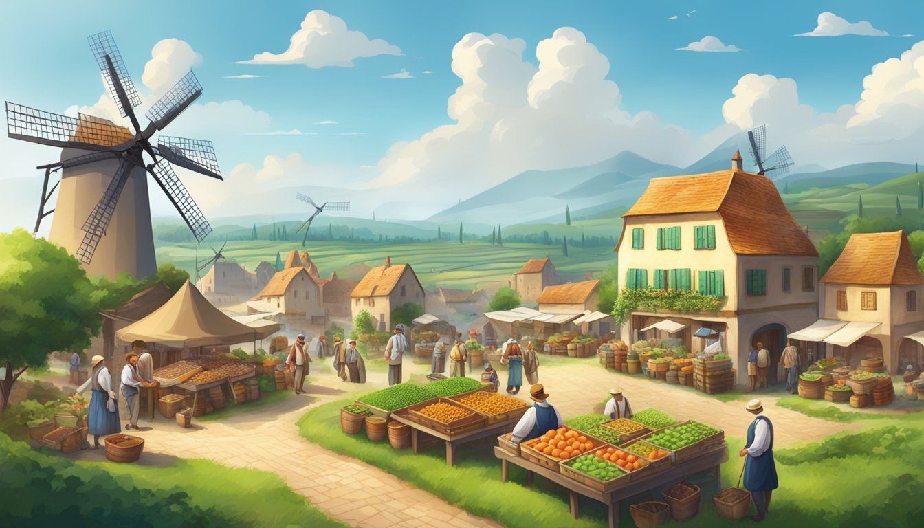 A bustling European marketplace with merchants trading goods, surrounded by lush green fields and windmills harnessing renewable energy