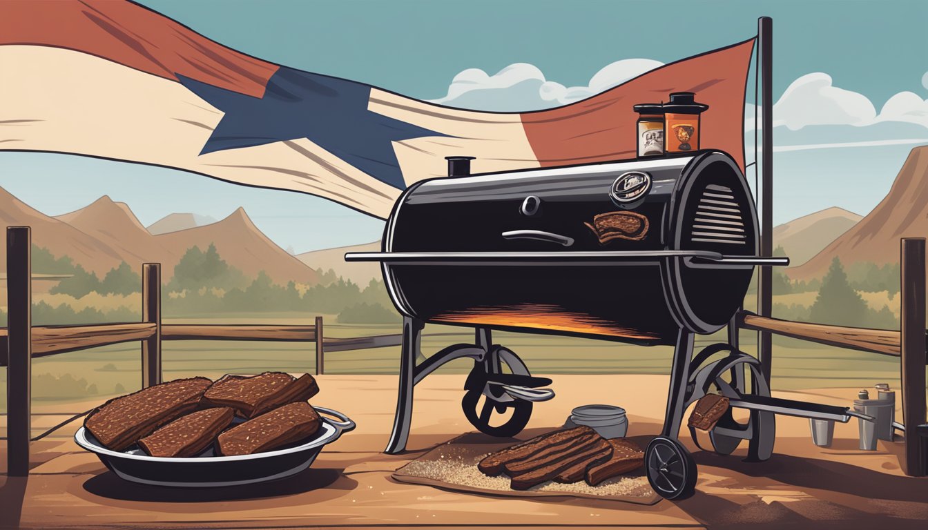 A smoky Texas brisket sizzling on a grill, surrounded by spicy rubs and seasonings, with a backdrop of cowboy boots and a lone star flag