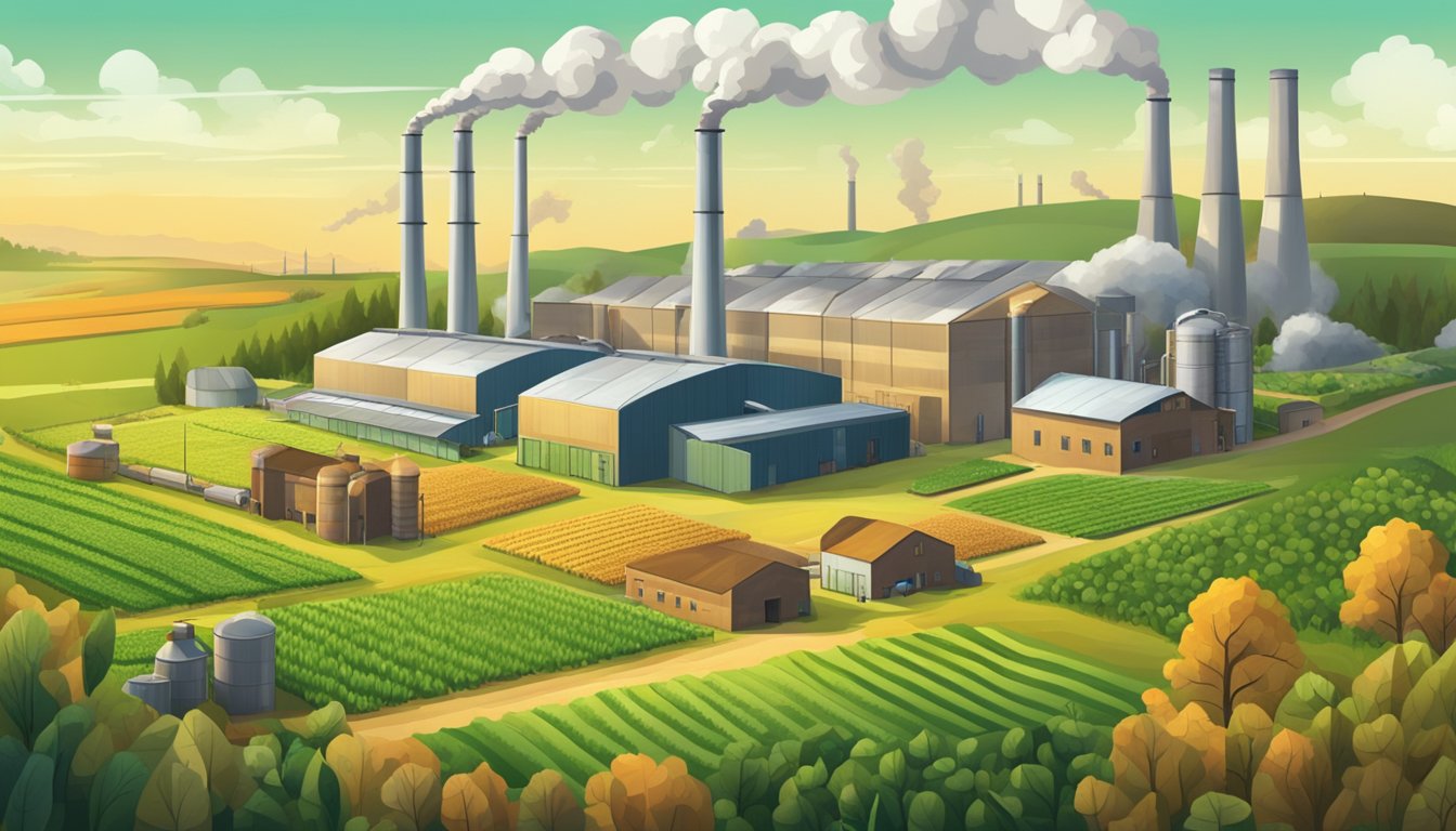 A bustling factory with smokestacks, surrounded by fields of crops and renewable energy sources, symbolizing the shift towards sustainability during the Industrial Revolution