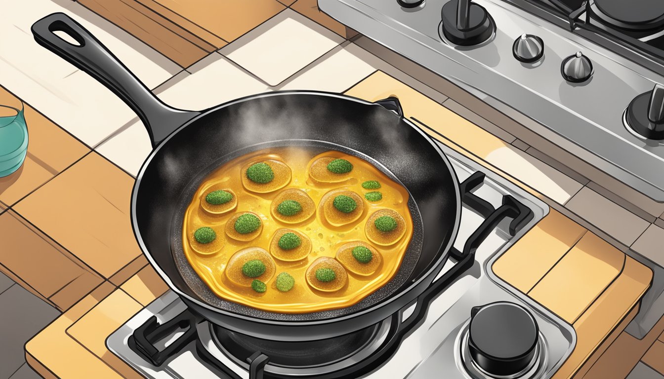 A sizzling skillet with sunflower oil bubbling as it heats up on a stovetop