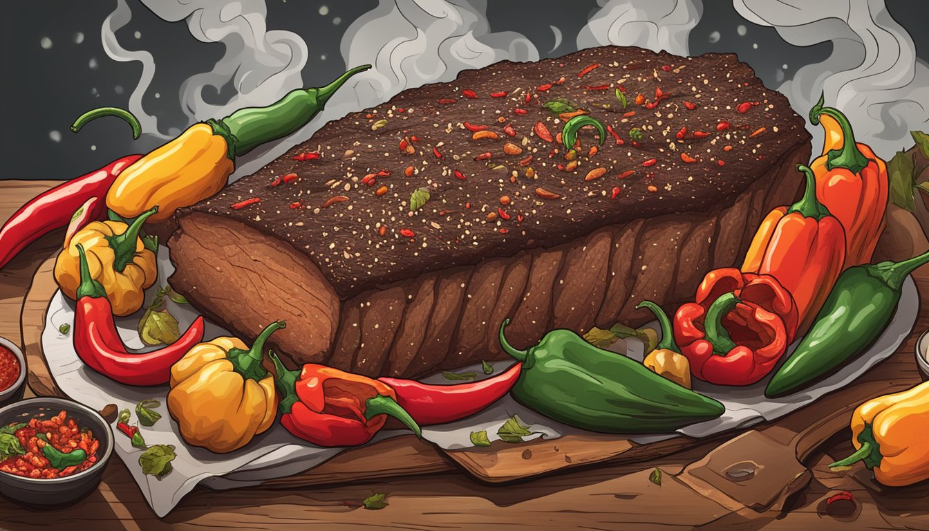 A smoky brisket surrounded by vibrant chili peppers and spicy seasonings