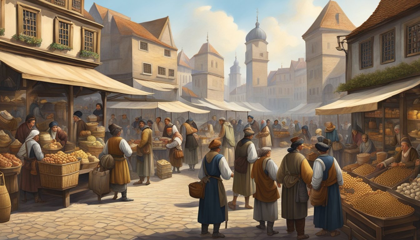 A bustling marketplace in the early modern era, with merchants trading goods from around the world. A diverse array of people engage in commerce, showcasing the interconnectedness of global trade