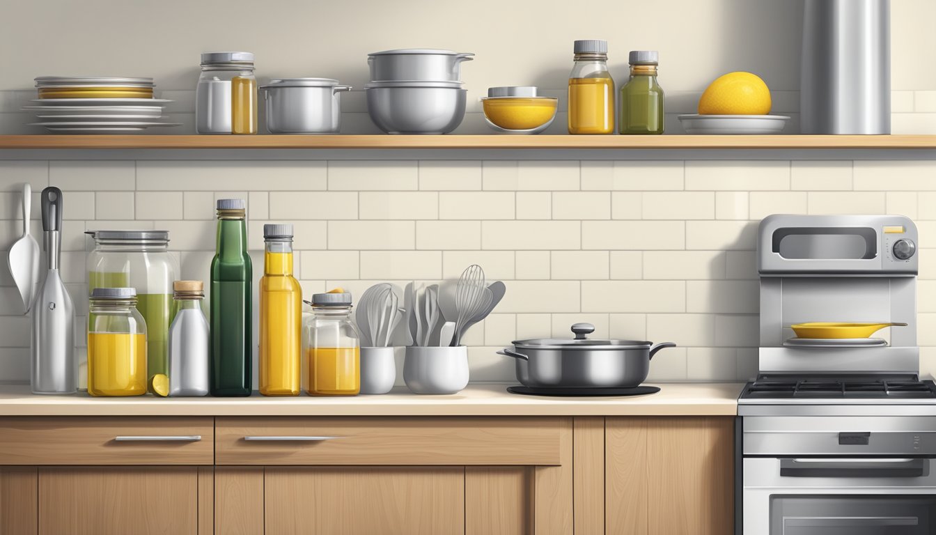 A modern kitchen with a sleek bottle of cold pressed sunflower oil placed on a shelf next to various cooking utensils