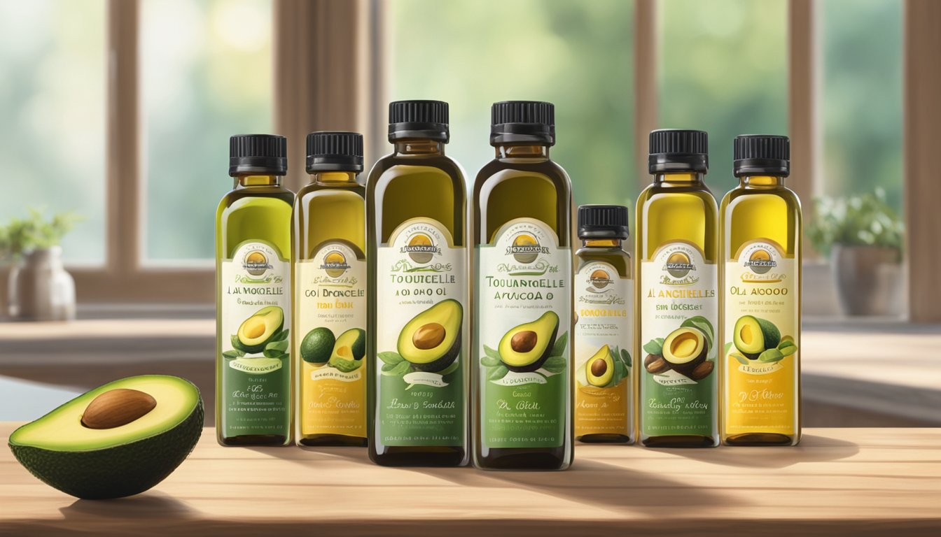 A collection of 10 bottles of various cold-pressed oils, including La Tourangelle Avocado Oil, displayed on a wooden table with natural light streaming in from a nearby window