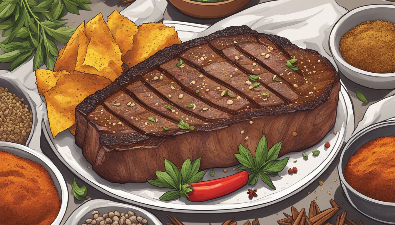 A sizzling sirloin steak covered in a fiery chipotle rub, surrounded by vibrant Texas spices and herbs