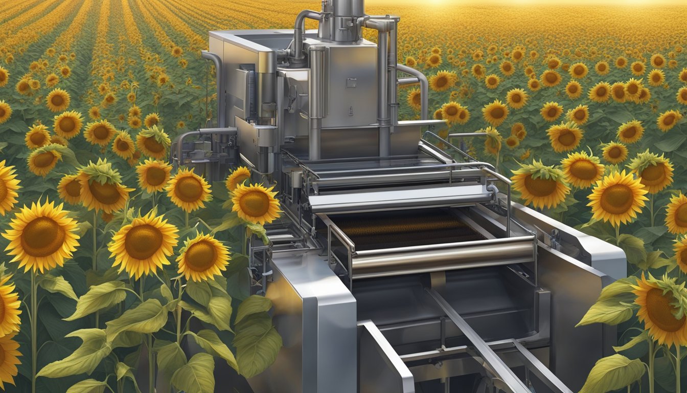 A sunflower field with ripe, golden sunflowers being harvested and pressed into oil by a modern, industrial cold-press machine