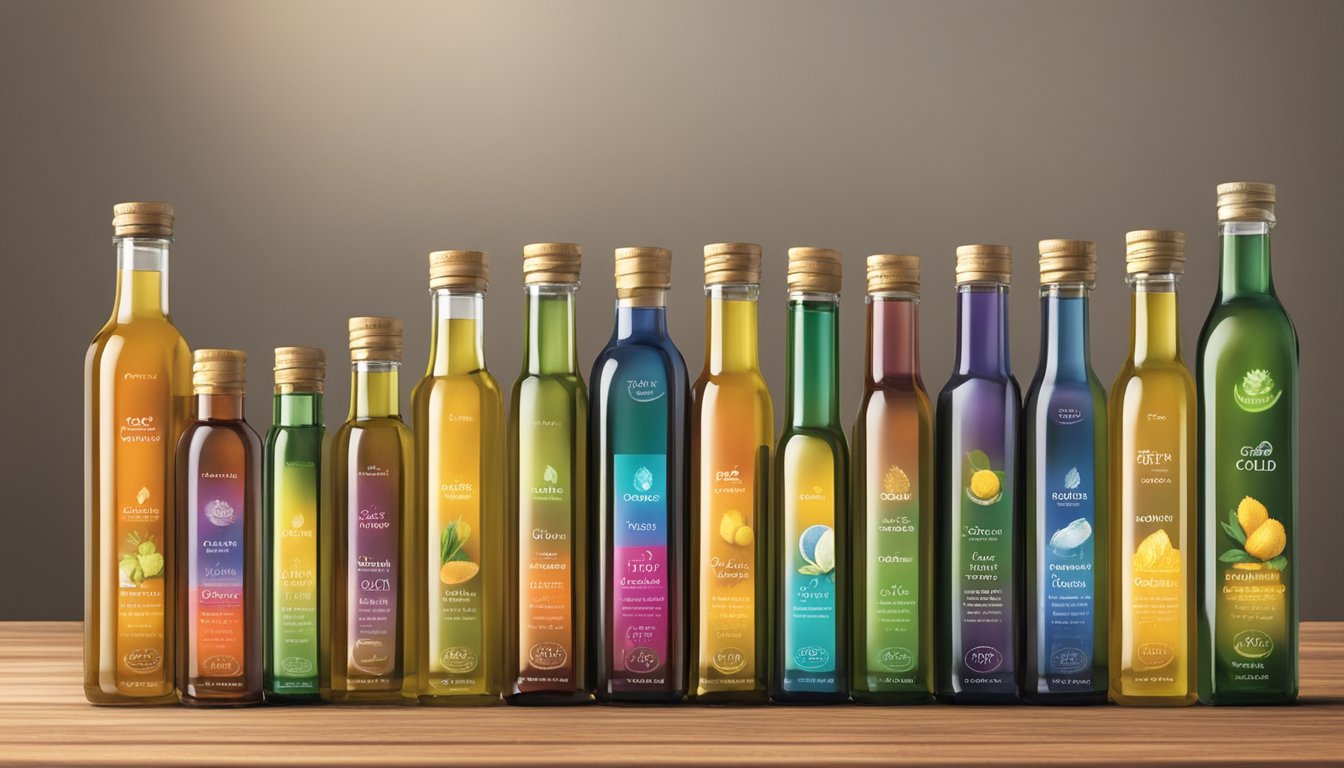 A variety of colorful bottles of cold-pressed oils arranged in a neat row on a wooden table, with the Spectrum Naturals Organic Safflower Oil prominently displayed among the top 10 brands