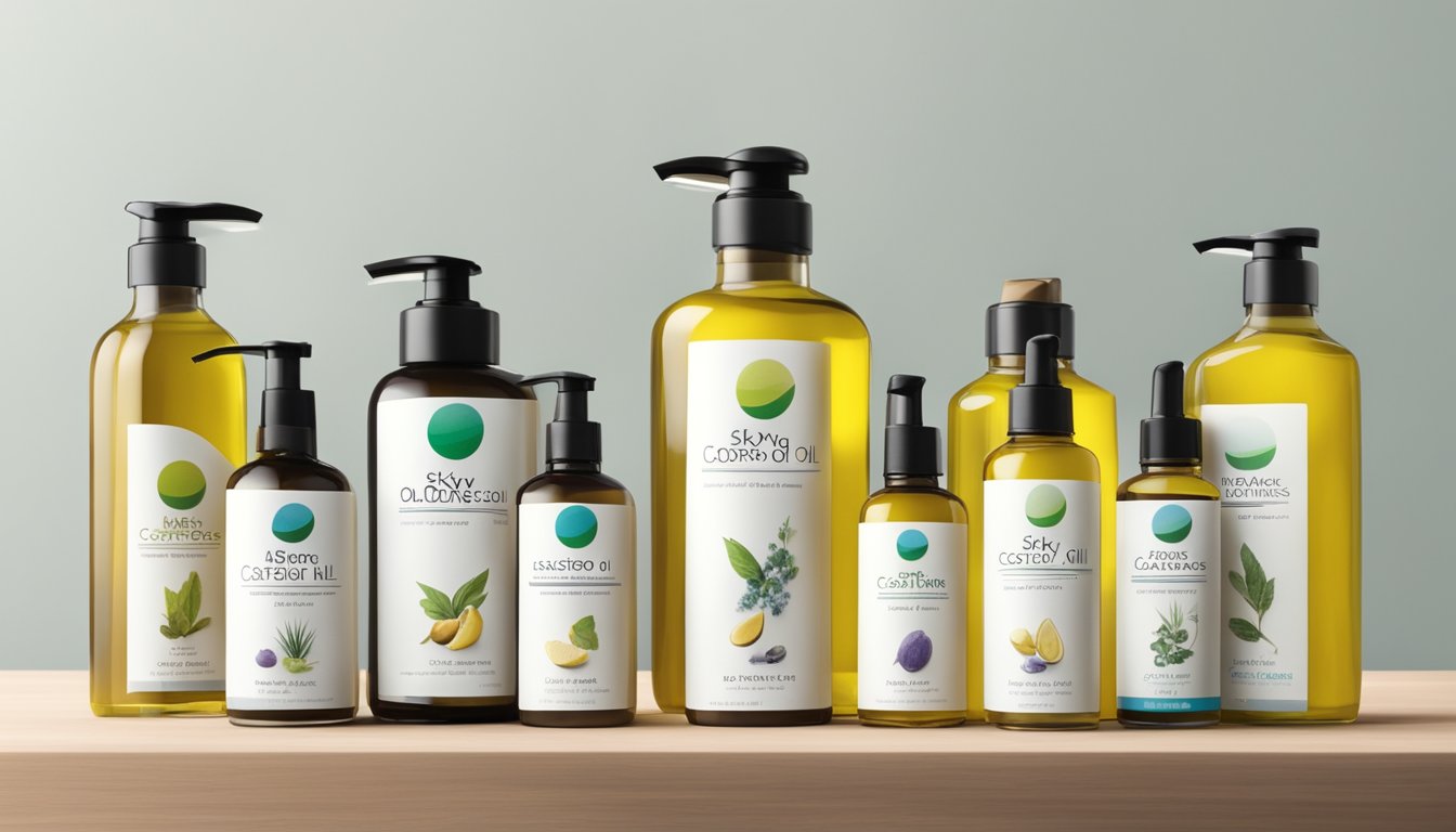 A collection of 10 bottles of cold-pressed oil, including Sky Organics Castor Oil, displayed on a sleek, modern shelf against a clean, white background