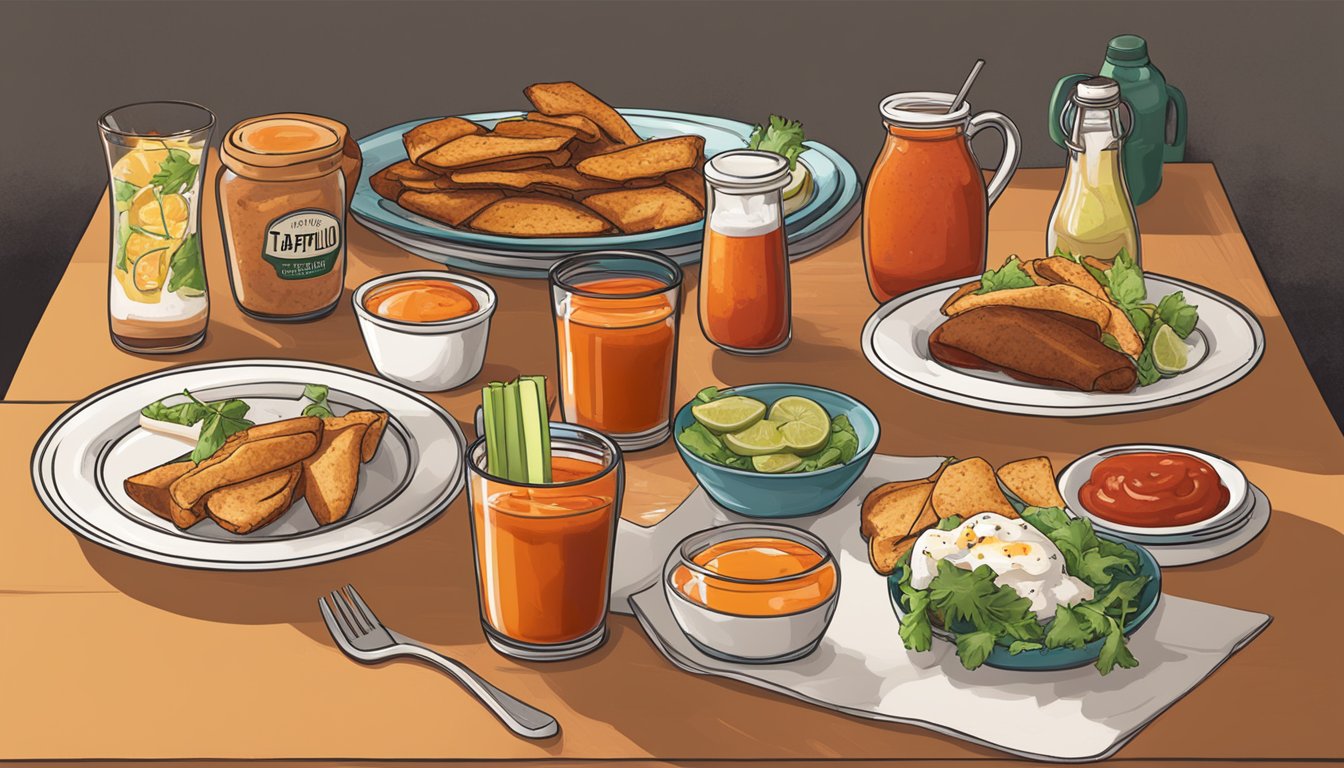 A table set with a spread of brunch foods, including a bottle of Tapatío Hot Sauce next to a pitcher of bloody mary mix