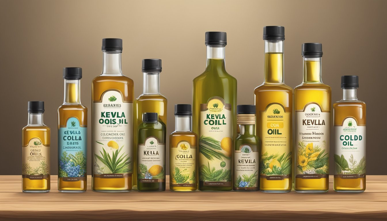 A rustic wooden table displays various bottles of cold-pressed oils, with the Kevala Organic Sesame Oil prominently featured among the top 10 brands