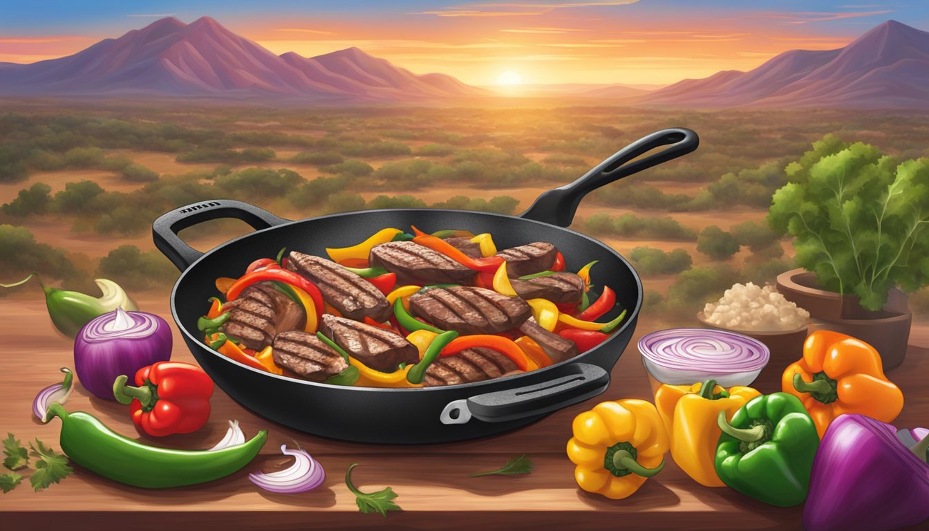 A sizzling skillet of Serrano steak fajitas, surrounded by colorful peppers and onions, with a fiery Texas landscape in the background