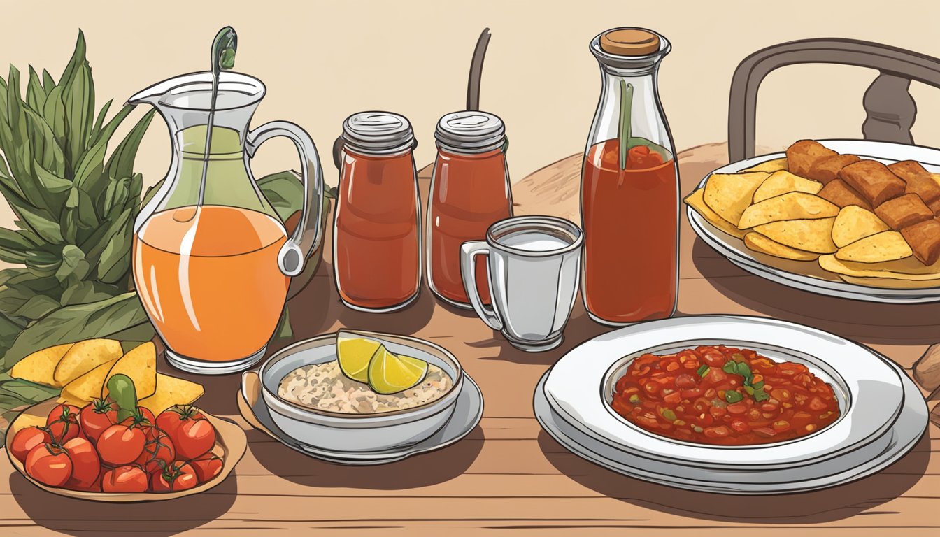 A table set for brunch with a bottle of Valentina Salsa Picante, a pitcher of bloody mary, and plates of food