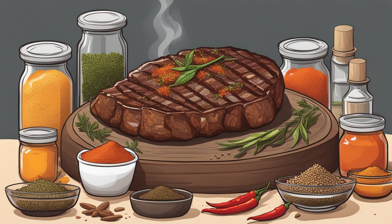 A sizzling steak covered in a bold mix of chili, cumin, and paprika, surrounded by jars of various spices and herbs