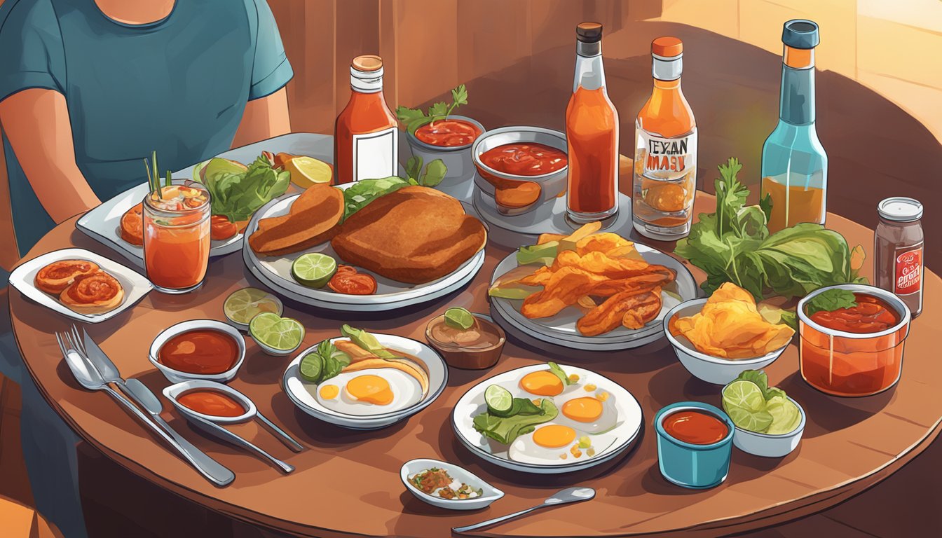 A brunch table set with a steaming plate of Texan dishes and a bottle of Crystal Hot Sauce, surrounded by vibrant Bloody Mary cocktails