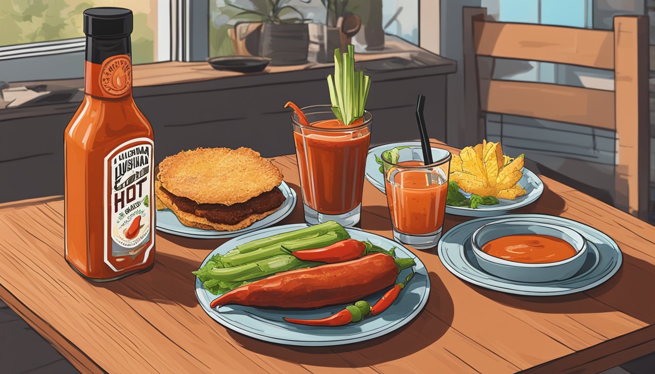 A bottle of Louisiana Hot Sauce sits next to a plate of Texas hot sauce and a freshly made bloody mary, all arranged on a brunch table