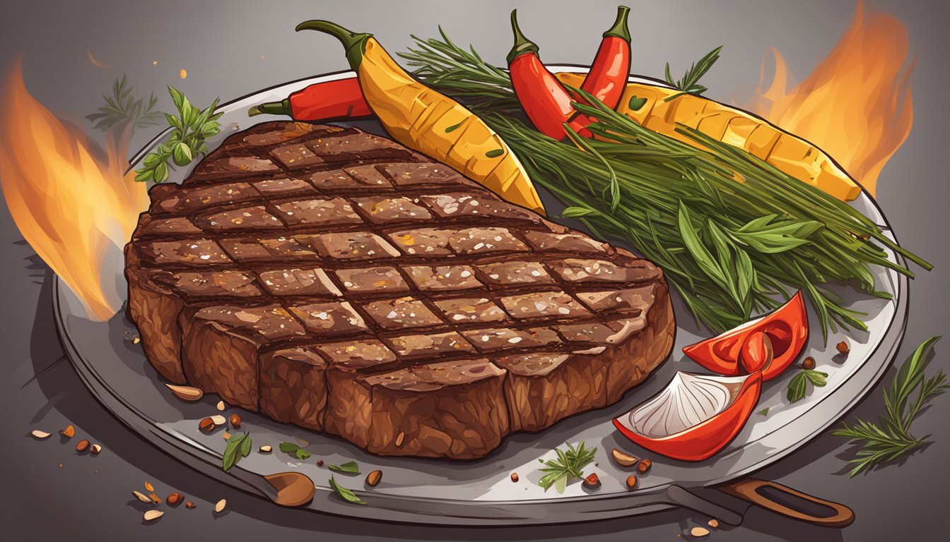 A sizzling Texas steak grills over open flame, surrounded by spices and herbs, creating a mouthwatering aroma