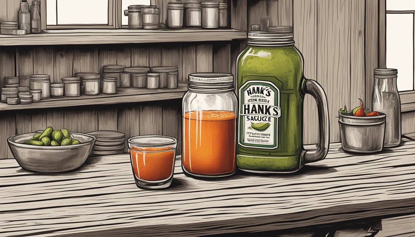 A rustic wooden table set with a bottle of Hank's Heat Hot Sauce, a jar of pickles, and a pitcher of bloody mary mix